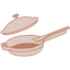 A simple illustration of a frying pan with a long handle, a spatula resting inside it, and a lid hovering above.