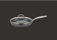 A nonstick frying pan with a long metal handle and a fitted glass lid, shown against a solid black background.