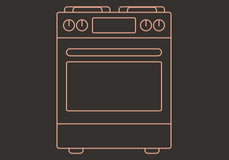 Simple line drawing of a kitchen oven with four burners and four control knobs, depicted in a peach color on a black background.