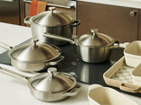 Set of stainless steel cookware on a kitchen counter