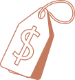 A simple illustration of a price tag with a dollar sign on it and a looped string at the top. The image is in a single brownish color on a plain background.