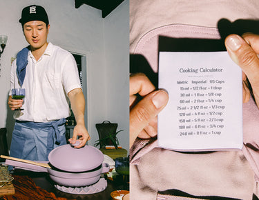 Collage of chefs wearing Home Cook Aprons; a cooking calculator is printed on the tag in a pocket