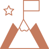 Simple brown line drawing of a mountain with a flag on its peak and a star to the left, symbolizing achievement or reaching a goal.