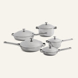 The Titanium Pro Cookware Set+ includes five upgraded stainless steel pieces—pots, pans, and lids—displayed on a neutral background.