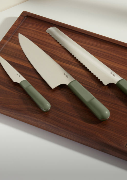 green everyday chefs knife serrated slicing knife perfect paring knife and walnut cutting board