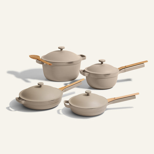 Beige large cookware set - large always pan, perfect pot, mini perfect pot and ini always pan