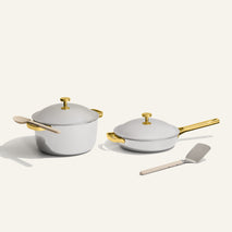 gold titanium perfect pot pro and always pan pro with stainless steel spatula and silicone spoon