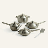 set of titanium pots and pans on white background