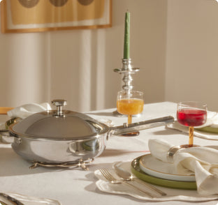 shop our place wedding gift guide - chrome titanium always pan pro set on table