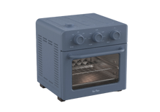 A compact, blue countertop oven with three control knobs and a glass door, showing metal racks inside.